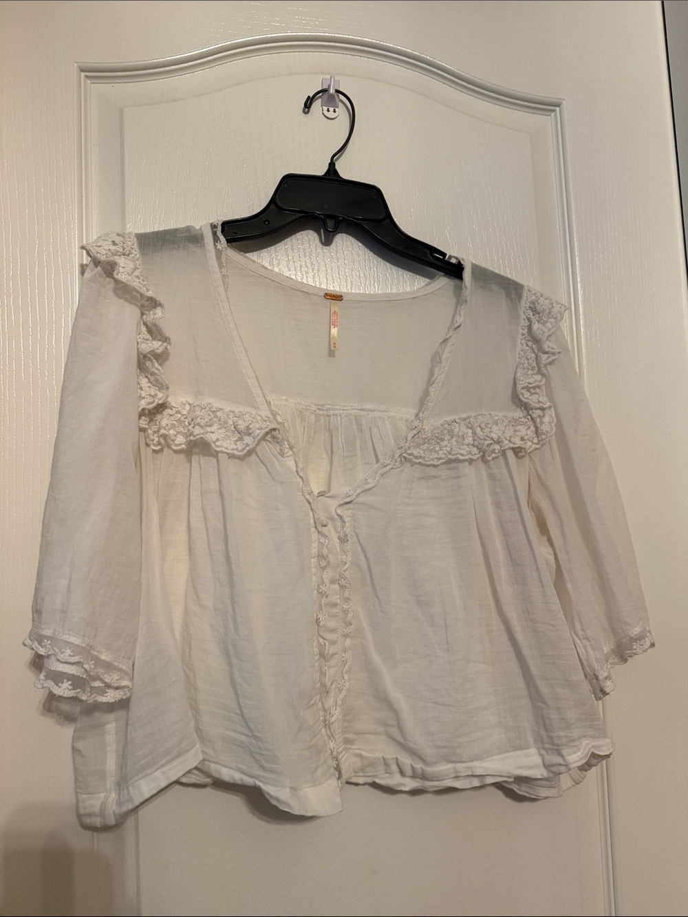 Free People Sheer White Lace-Trim Button Front Blouse - Picture 10 of 12